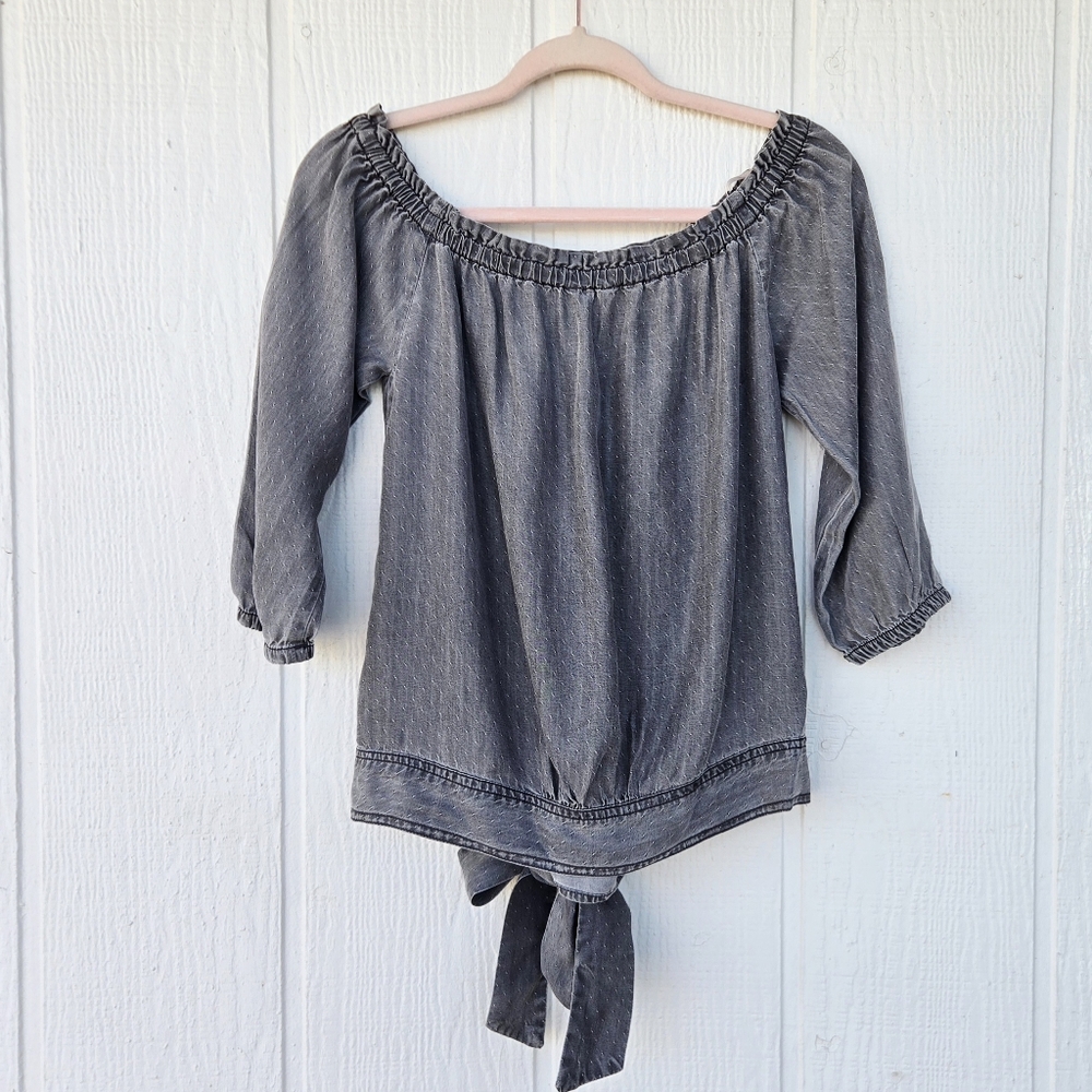 1250 C Gray Chambray Off The Shoulder Peasant Top Tied Waist Long Sleeve Small